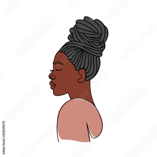 African American woman dreadlocks hairstyle hair up side face view color drawing elegance minimalist linear artwork