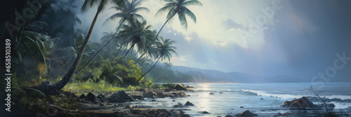 Seashore. Palm trees and the sea. Panoramic view. Digital art. © Cridmax