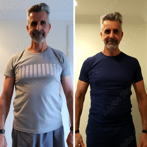 Male body before and after weight loss on home interior background. Health care and diet concept