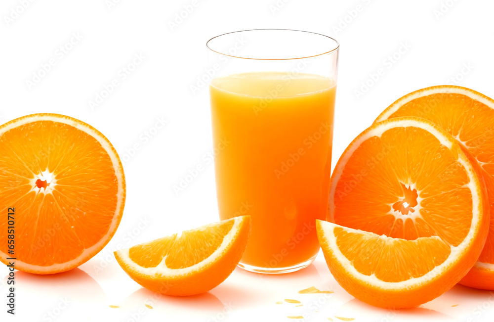 Sliced oranges and a glass with orange juice on white background Sliced oranges and a glass with orange juice on white background