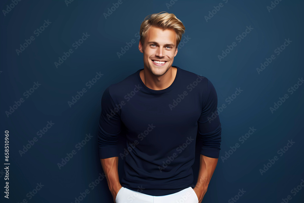 Dashing Blond Man with Blue Eyes in Navy Outfit Against a Solid Navy Backdrop Dashing Blond Man with Blue Eyes in Navy Outfit Against a Solid Navy Backdrop