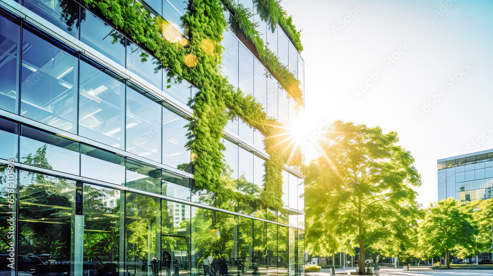 Modern business building exterior facade with biophilic design with garden with greenery, plants and trees. New developed estate on sunny summer day. Concept of eco friendly green city. Copy space Modern business building exterior facade with biophilic design with garden with greenery, plants and trees. New developed estate on sunny summer day. Concept of eco friendly green city. Copy space