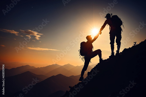 Mountain Victory, Helping Hand Silhouette at the Summit, AI Generated