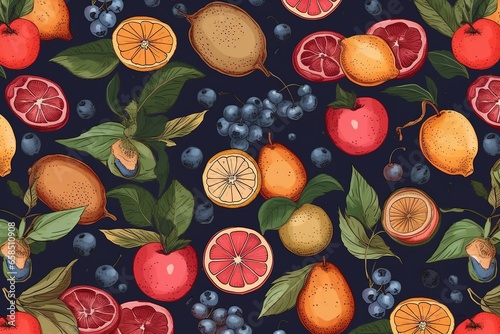 Fruits and berries pattern on a green background. Top view, flat lay