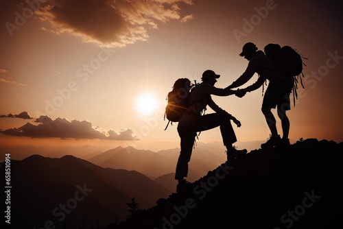 Silhouetted Hikers Achieve Summit Together in a Shared Journey, AI Generated