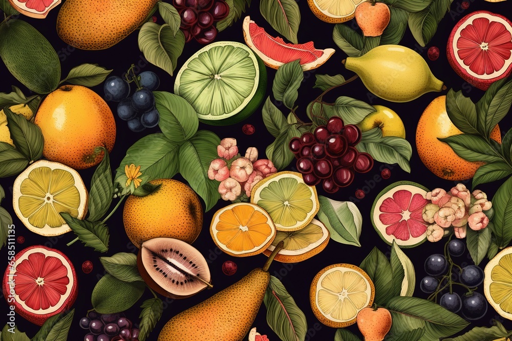 Fruits and berries pattern on a green background. Top view, flat lay