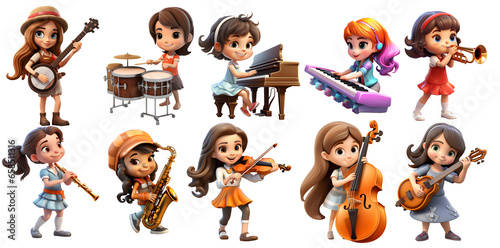 set of 3d cute Girls plays an instruments, PNG on isolated transparent background, generated ai