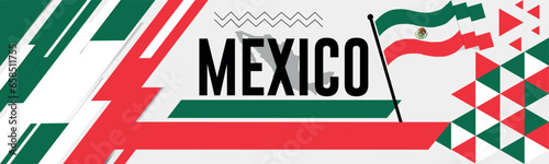 MEXICO national day banner with map, flag colors theme background and geometric abstract retro modern colorfull design with raised hands or fists.