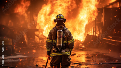 A firefighter stands in front of a burning fire.
