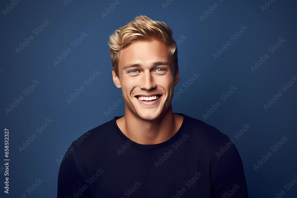 Fototapeta premium Dashing Blond Man with Blue Eyes in Navy Outfit Against a Solid Navy Backdrop