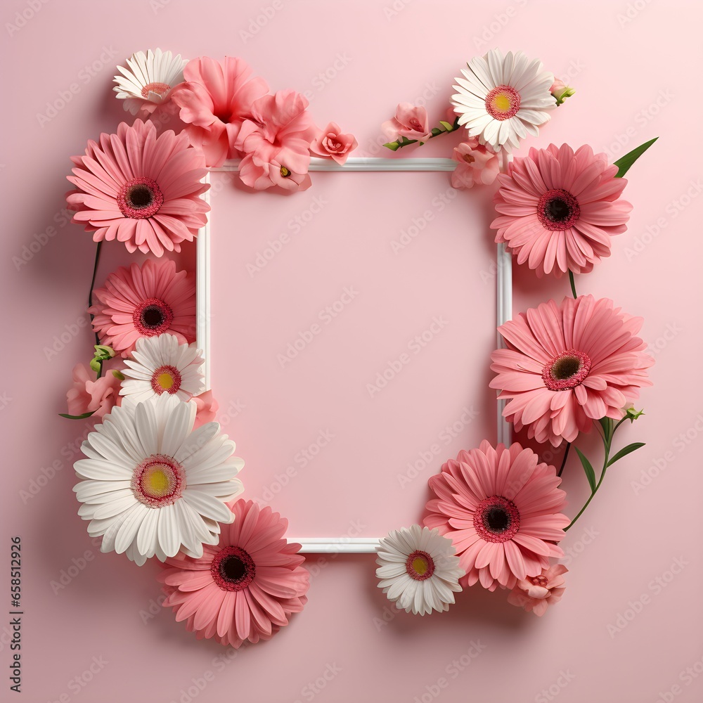 Pink blank frame surrounded by white and pastel pink daisies, on a pastel pink background. Pink blank frame surrounded by white and pastel pink daisies, on a pastel pink background.
