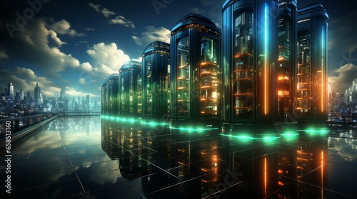 A vast data center filled with rows and rows of data.