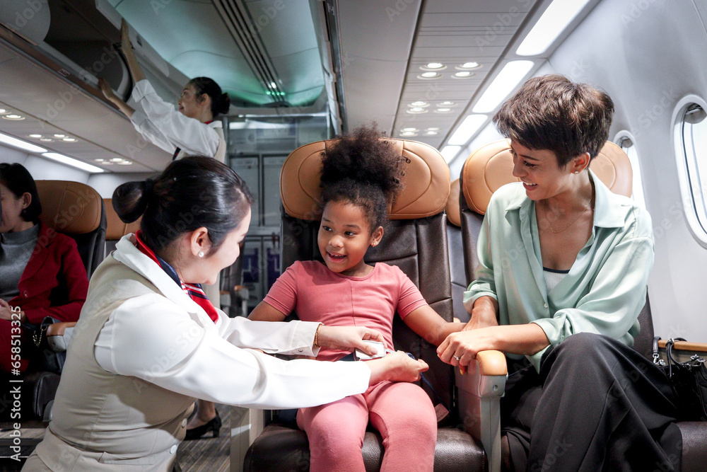Friendly air hostess take care kid passenger on airplane, flight attendant teach curly hair African girl to use seat belt during sit in aircraft seat, child traveling by plane, airline transportation Friendly air hostess take care kid passenger on airplane, flight attendant teach curly hair African girl to use seat belt during sit in aircraft seat, child traveling by plane, airline transportation