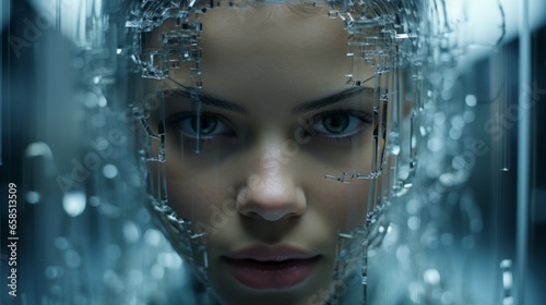 Android, female robot with transparent humanoid face, technology, artificial intelligence