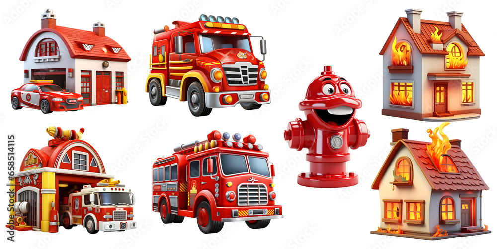 Naklejka premium set of firefighters collection 3d, png on transparent isolated Background, generated ai