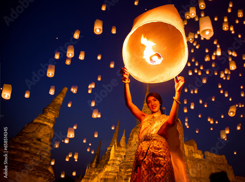 Thai lady enjoy yee peng festival in Ayutthaya city