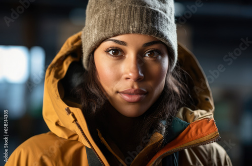 Portrait of a multiethnic woman hiker in winter