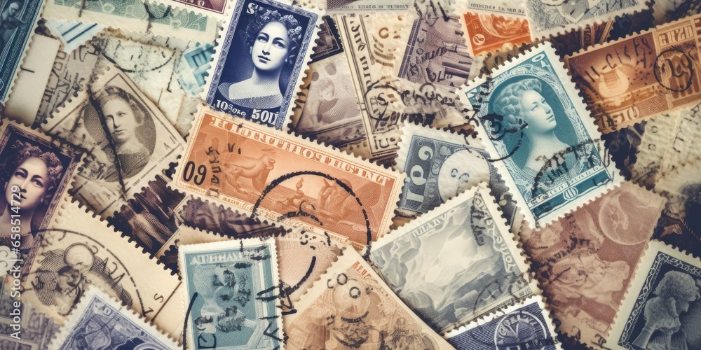 close up of a collection of vintage postage stamps, generative AI
