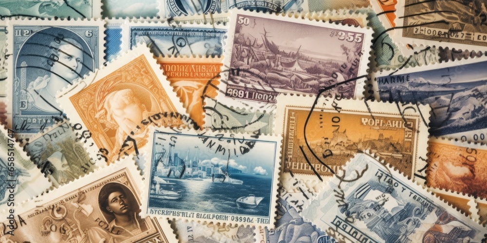 close up of a collection of vintage postage stamps, generative AI