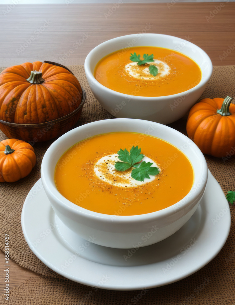 Pumpkin soup, traditional fall meal recipe idea, food photography, generative ai Pumpkin soup, traditional fall meal recipe idea, food photography, generative ai