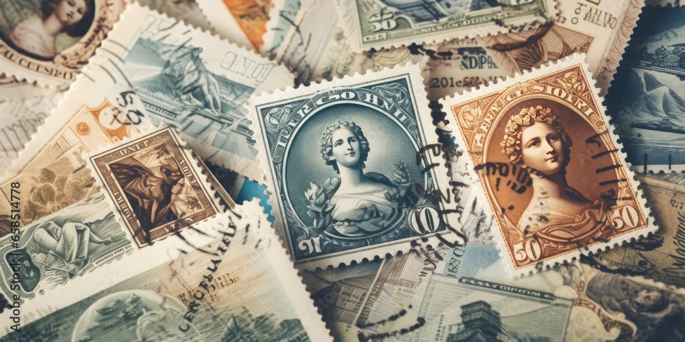 Fototapeta premium close up of a collection of vintage postage stamps, generative AI
