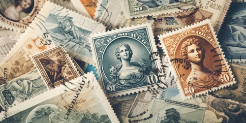 close up of a collection of vintage postage stamps, generative AI
