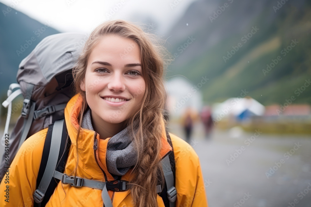 Nature lover woman smiling in jacket and backpack hiking up mountain Nature lover woman smiling in jacket and backpack hiking up mountain