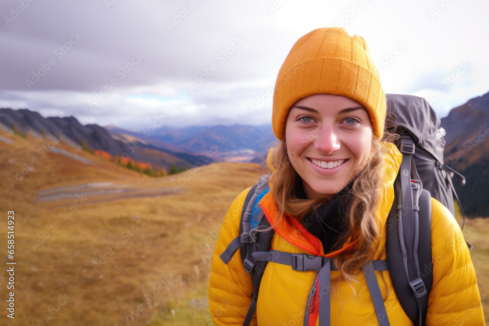 Nature lover woman smiling in jacket and backpack hiking up mountain Nature lover woman smiling in jacket and backpack hiking up mountain