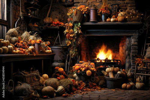 The family hearth surrounded by the elements of Autumn, generative ai