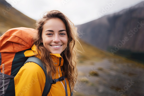 Nature lover woman smiling in jacket and backpack hiking up mountain © pariketan