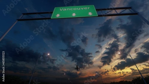 Vancouver City Road Sign - Airplane Arriving To Vancouver Airport Travelling To Canada