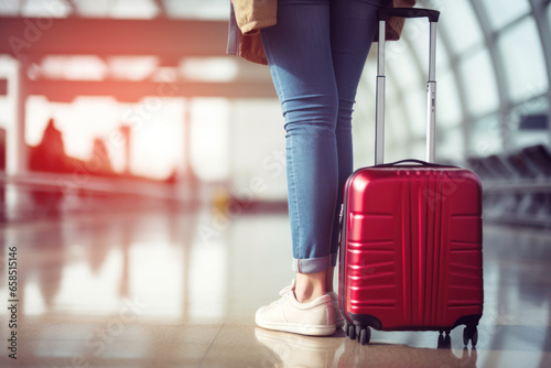 A woman stands next to a red suitcase at the airport, travel concept