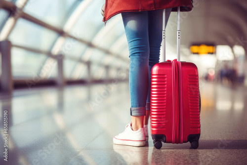 A woman stands next to a red suitcase at the airport, travel concept photo