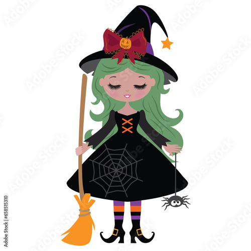 Cute Halloween witch girl with a broom and spider vector cartoon illustration