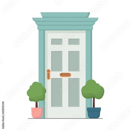 Blue front door with two pots with plants. Cartoon house illustration