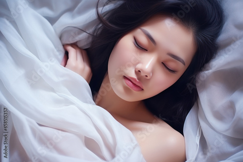 Asian Woman sleeping with closed eyes in comfortable bed