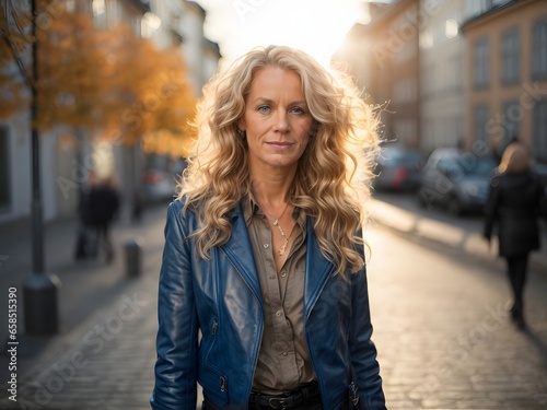 wide angle and full body portrait of attractive mature swedish female with long curly blonde hair and blue eyes, wearing blue Leather Jacket during late autumn sunset. Generative Ai. © kapros76