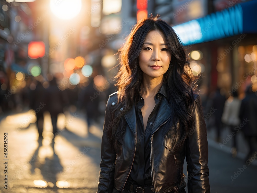 Fototapeta premium wide angle and full body portrait of attractive mature Japanese female with long curly black hair wearing black Leather Jacket during late autumn sunset. Generative Ai.