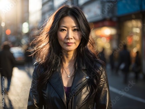 wide angle and full body portrait of attractive mature Japanese female with long curly black hair wearing black Leather Jacket during late autumn sunset. Generative Ai.
