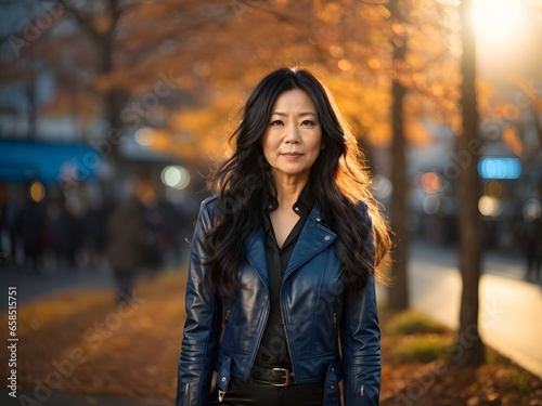 wide angle and full body portrait of attractive mature Japanese female with long curly black hair wearing black Leather Jacket during late autumn sunset. Generative Ai. © kapros76
