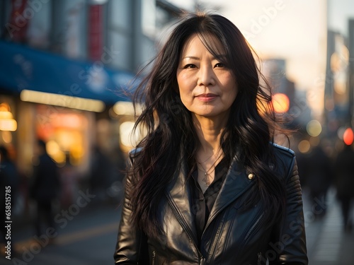 wide angle and full body portrait of attractive mature Japanese female with long curly black hair wearing black Leather Jacket during late autumn sunset. Generative Ai.