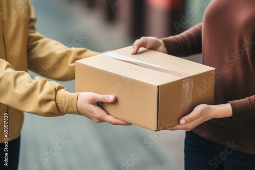 Hand accepting a delivery of boxes from deliveryman. Delivery concept.