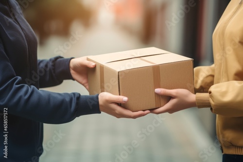 Hand accepting a delivery of boxes from deliveryman. Delivery concept. © Rzk