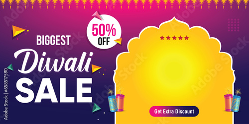 Diwali Sale Modern Banner, Advertisement, Poster, Social Media Post Template, Deepavali Creative background with text, Graphic design elements photo