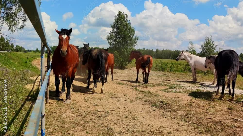 Brown, white meat-breed horses graze in a meadow behind a blue fence Brown, white meat-breed horses graze in a meadow behind a blue fence