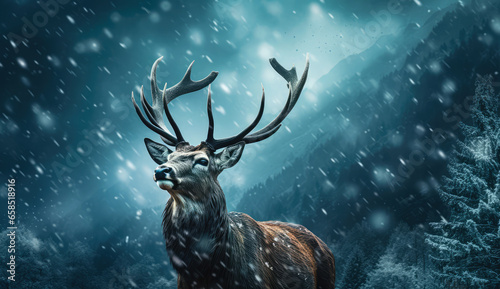 Deer, pompous powerful animal with horns in the forest on snow during winter snowy days. © Ljuba3dArt