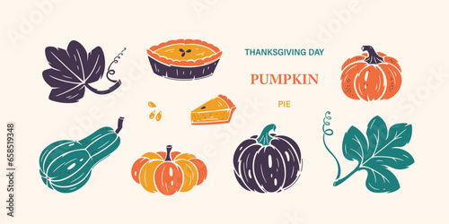 Vector Thanksgiving Day Set. Autumn Harvest symbols. Pumpkin Pie, Leaves and Different Varieties of Pumpkins. Healthy Food. Bakery and Vegetables Colorful illustration.