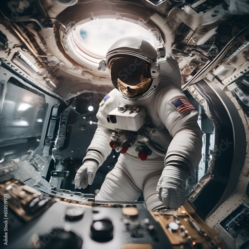 An astronaut performing experiments aboard a spacecraft, floating in the microgravity of space3