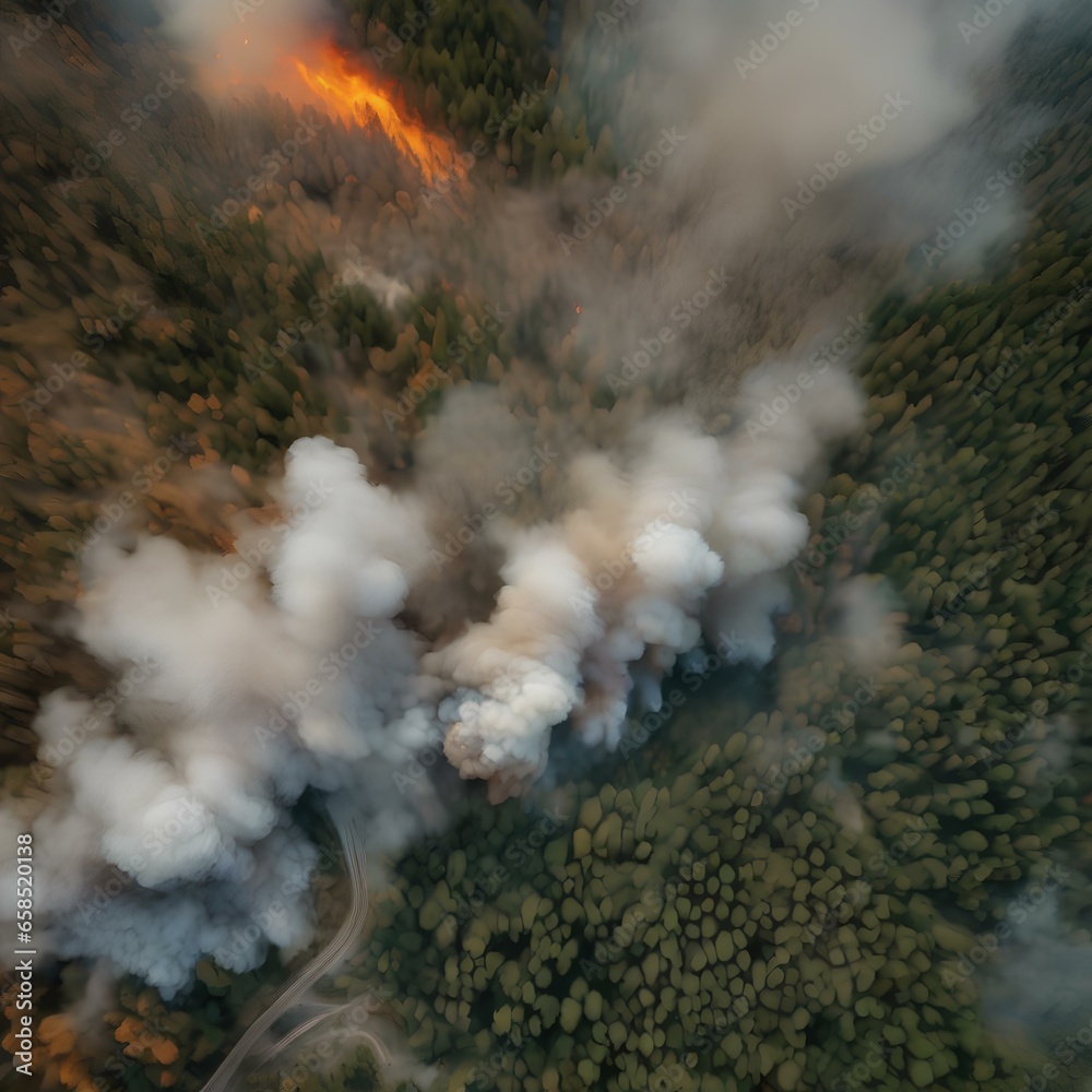 A satellite image of a wildfire raging through a forest, emitting plumes of smoke and ash1