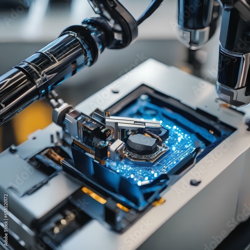 A close-up image of a robotic arm assembling advanced microelectronics in a high-tech facility2